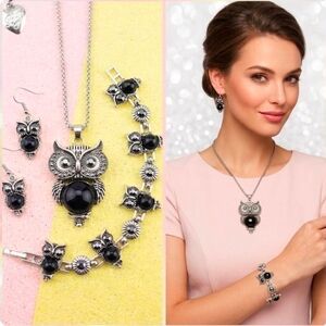 Silver plated black crystal owl necklace earring Bracelet set